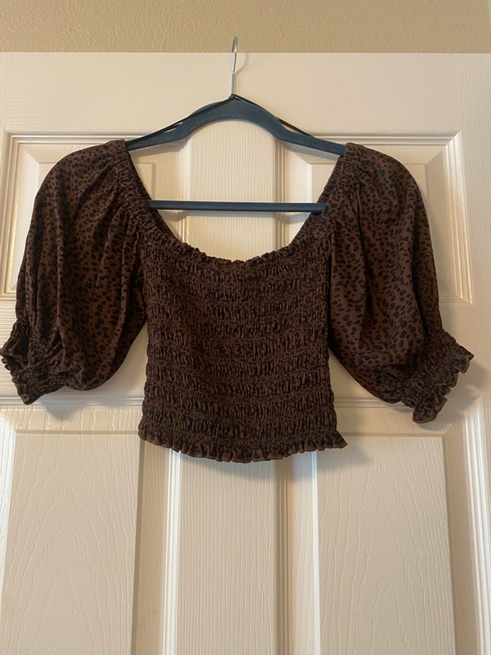 Smocked Chocolate Brown Puff-Sleeve Crop Top